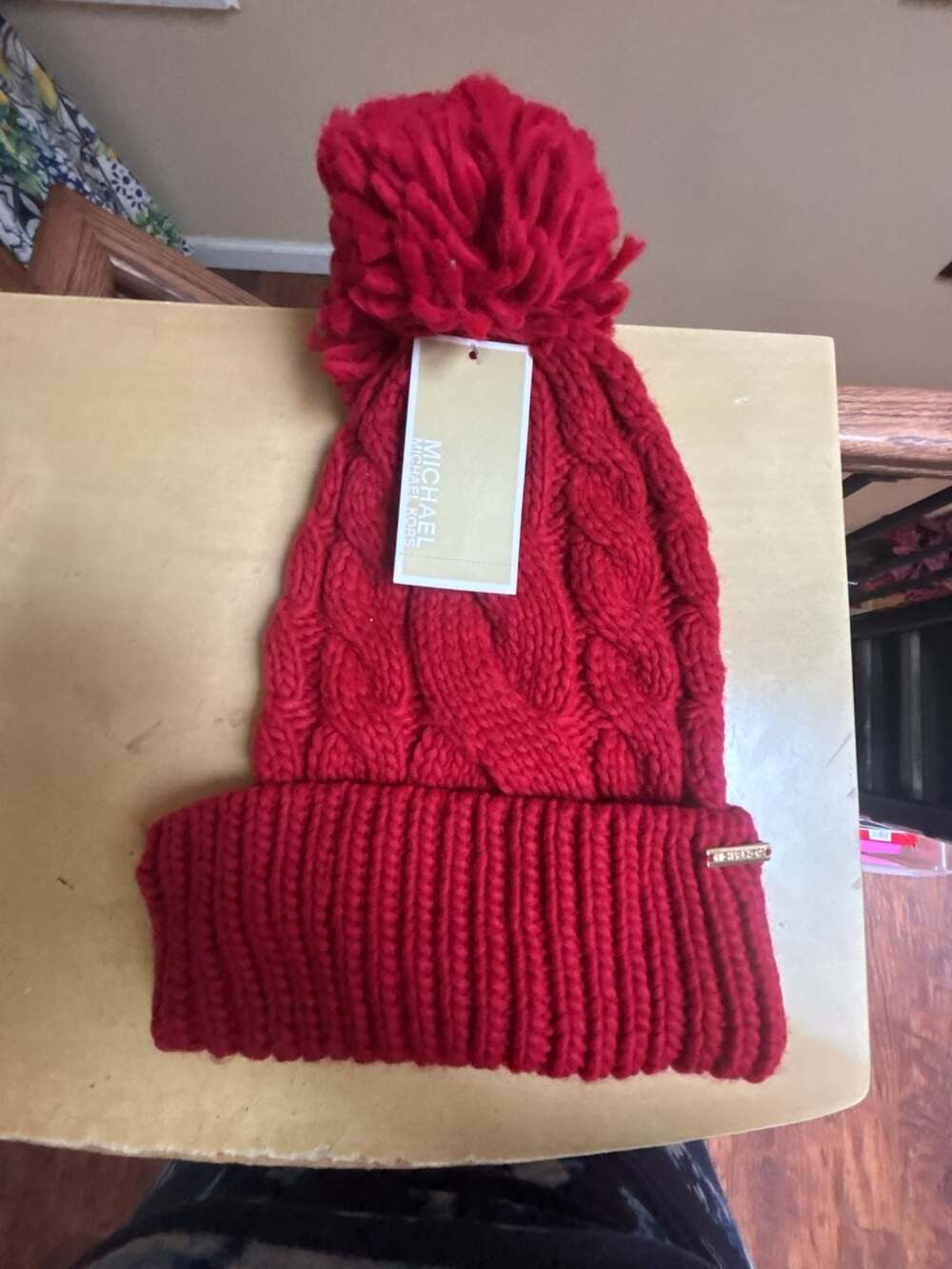 Michael Kors Red Cable Knit Pom Pom Beanie Hat NWT